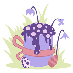 Easter Kulich Bread with Flowers and Eggs on Green Grass - Vector Illustration for Spring Holiday and Cuisine Stock