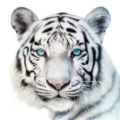 Fototapeta premium an isolated white tiger FACE, FRONT-view portrait, jungle-themed photorealistic illustration on a transparent background cutout in PNG, GENERATIVE AI