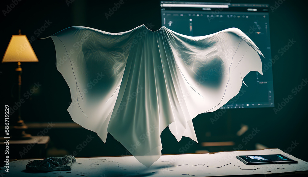 Poster computer screen with white cloth draped over it. generative ai.