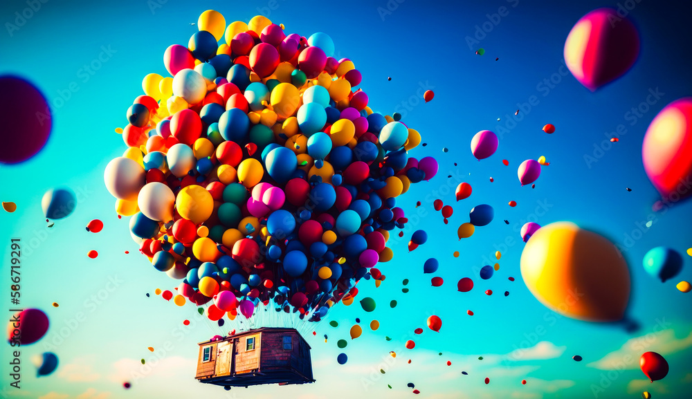 Poster bunch of balloons floating in the air. generative ai.
