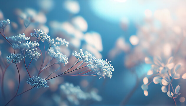 Beautiful soft focus white spring flowers on a blurred blue spring background, generative AI