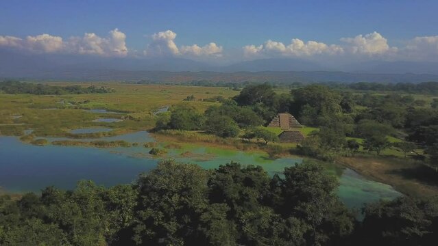 El Lagartero, Chiapas, Mexico, scenery with blue turquoise lakes and Pyramid