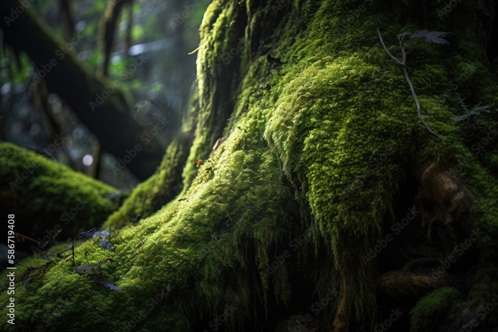 Poster a moss covered tree trunk in a forest with lots of green moss growing on the ground and trees in the