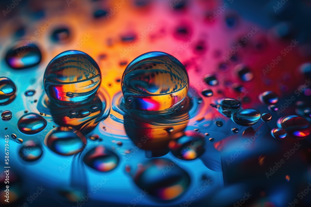 Poster a close up of water droplets on a surface with a multicolored background and a few drops of water on