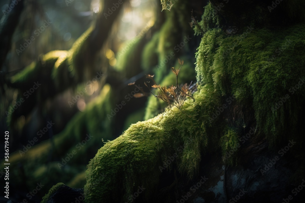 Poster a moss covered tree trunk in a forest filled with lots of green mossy trees and moss growing on the 