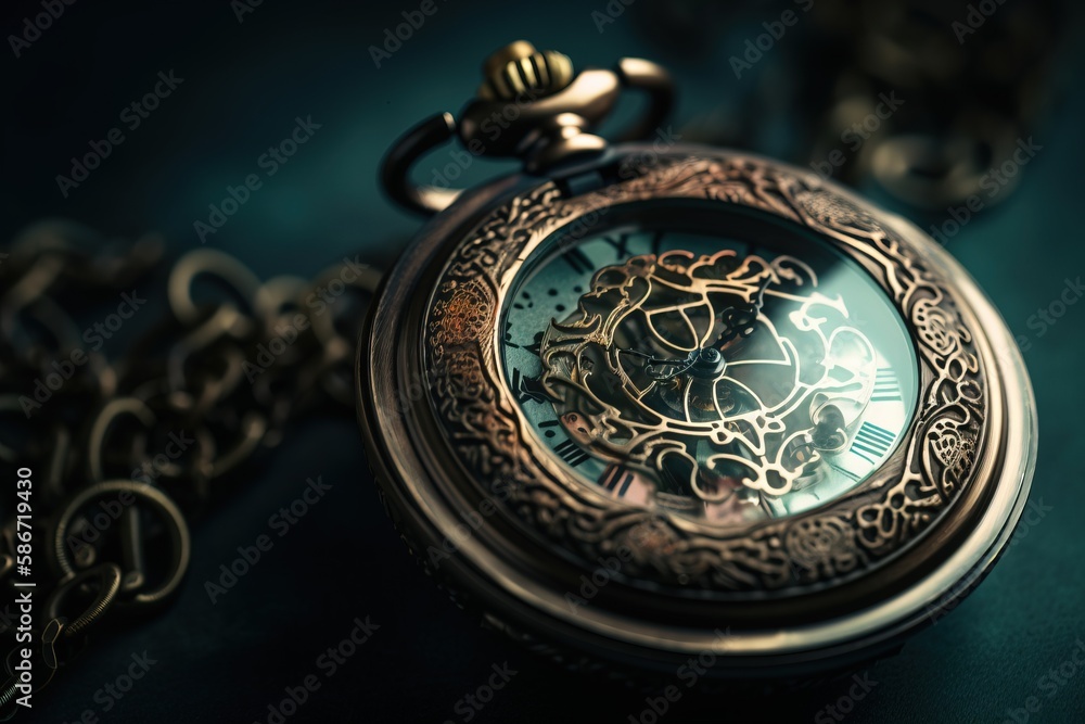 Poster a close up of a pocket watch with a chain on a blue surface with a chain around the watch and a chai