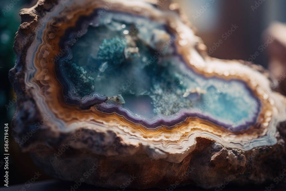 Aufkleber a close up of a piece of rock with a blue and yellow pattern on it's surface and a tree in the back 