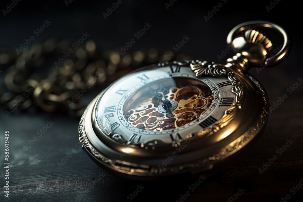 Poster a close up of a pocket watch with a chain on a dark surface with a light shining on the watch face a
