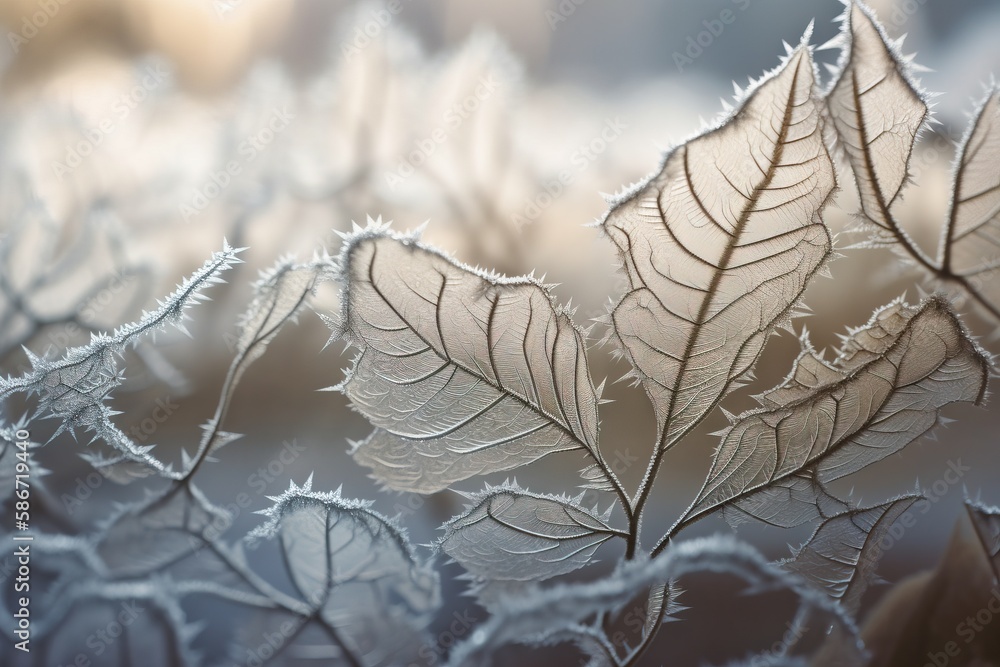 Poster a close up of a frosted leaf on a tree branch with a blurry background of the leaves in the foregrou