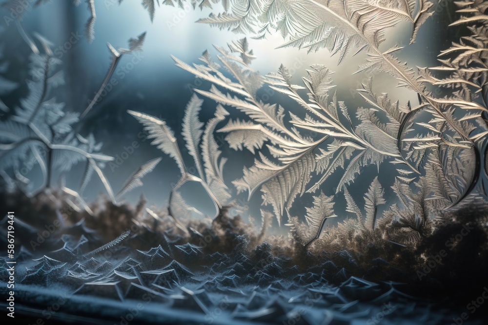 Poster a frosted window with a plant pattern on the outside of the window and a light shining through the w