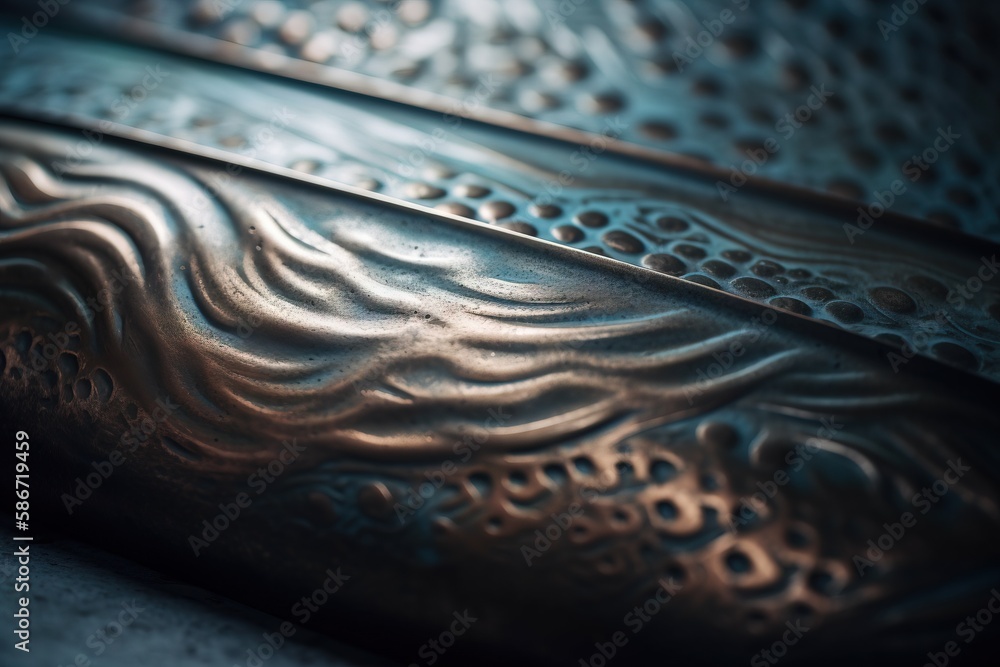 Poster a close up of a metal surface with a wavy design on it's surface and a circular pattern on the surfa