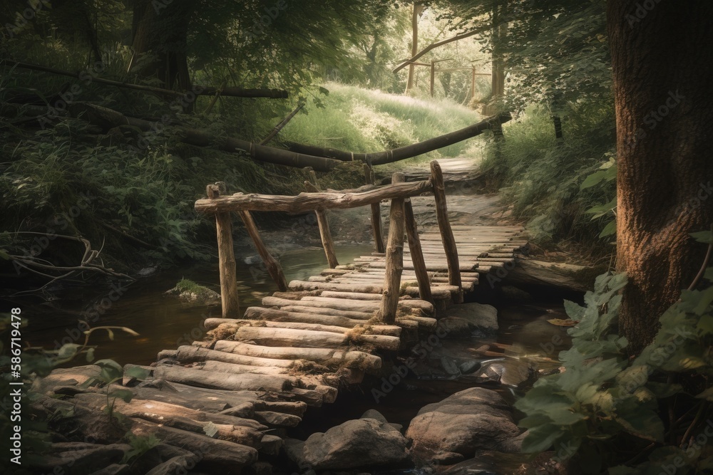 Aufkleber a wooden bridge over a small stream in a forest with a fallen tree and a fallen log bridge in the mi