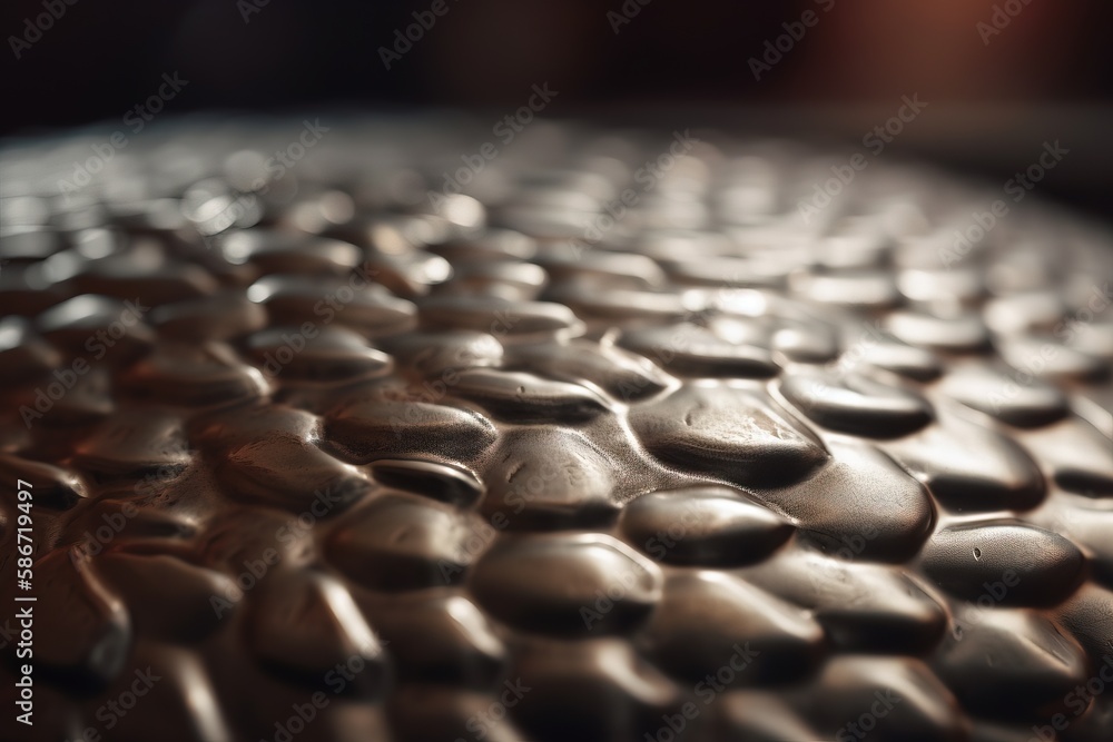 Poster a close up of a metal surface with drops of water on it and a blurry image of the surface of the sur