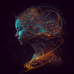 A Mesmerizing Woman's Profile Portrait, Crafted from Intricate Orange-Blue Glowing Luminescent Wisps, made with Generative AI