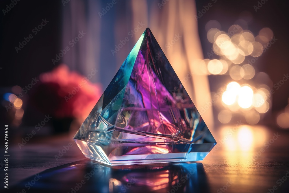 Aufkleber a crystal pyramid sitting on top of a table next to a vase with flowers in the backgrouf of it and a