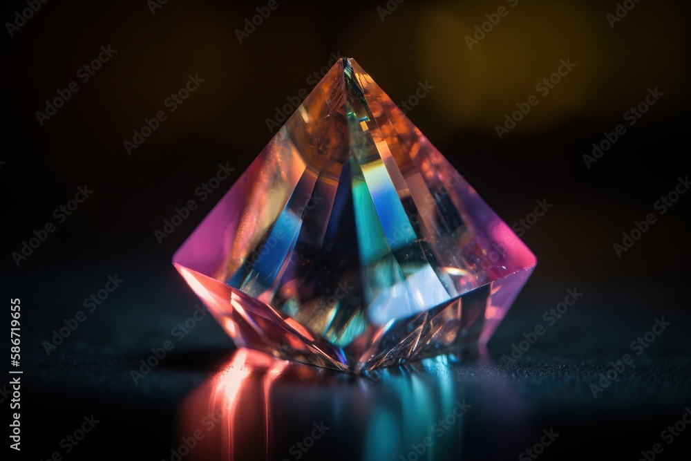 Poster a multicolored diamond sitting on top of a black surface with a reflection on the ground below it an