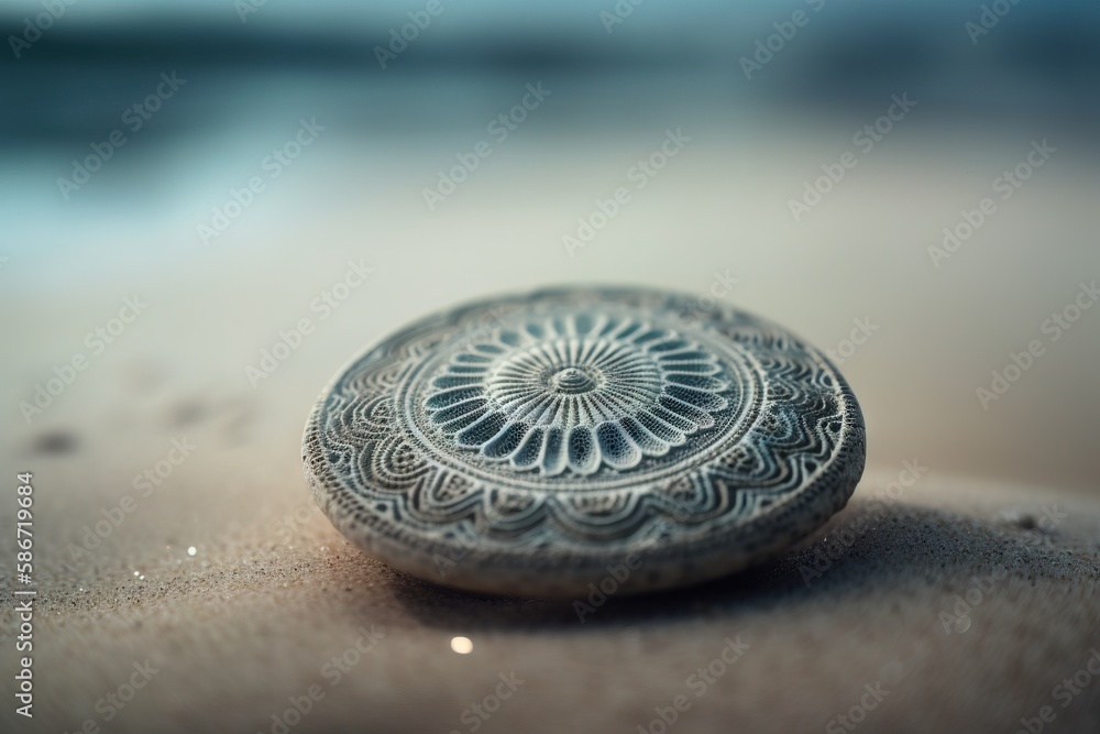 Poster a rock sitting on top of a sandy beach next to the ocean with a circular design on the top of the ro