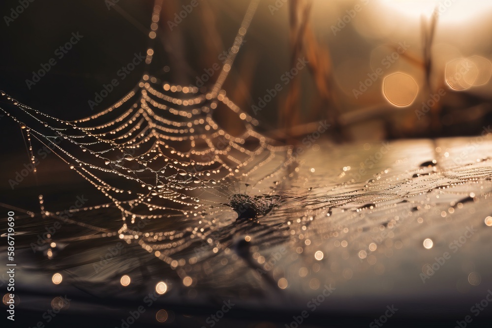 Poster a spider web covered in water droplets on a wet surface with the sun shining in the background and a