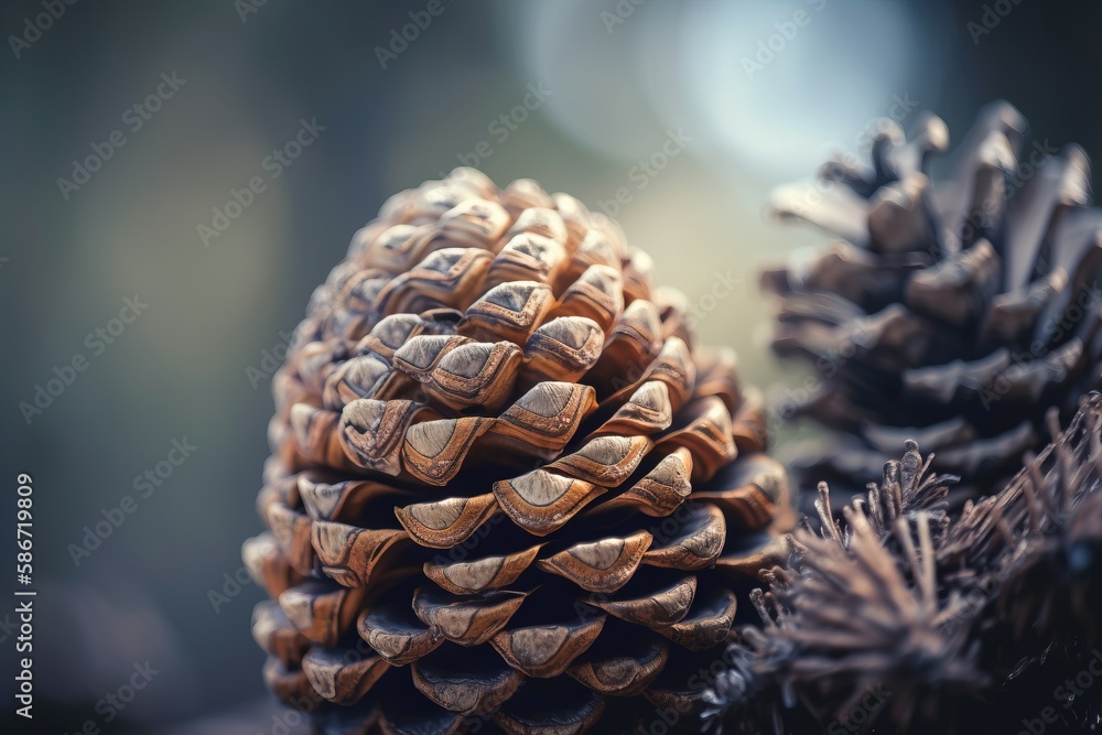 Poster a close up of a pine cone on a tree branch with a blurry background of the pine cone in the foregrou