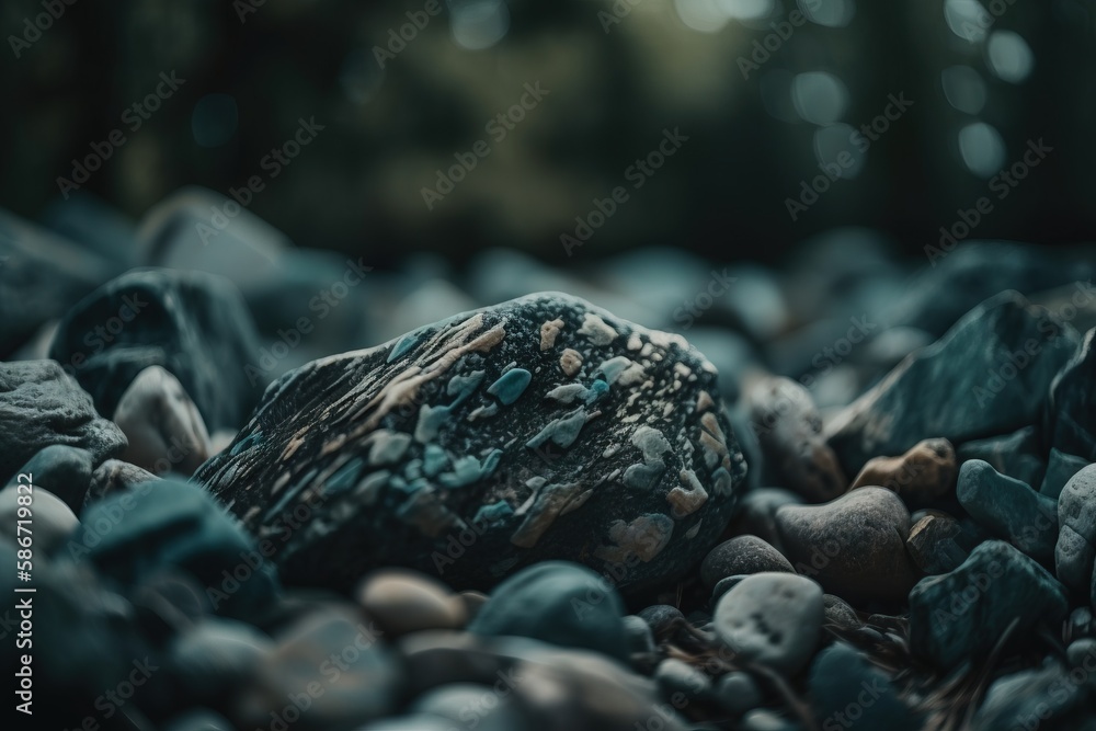 Poster a close up of rocks and gravel with trees in the backgroup of the image in the background and a blur