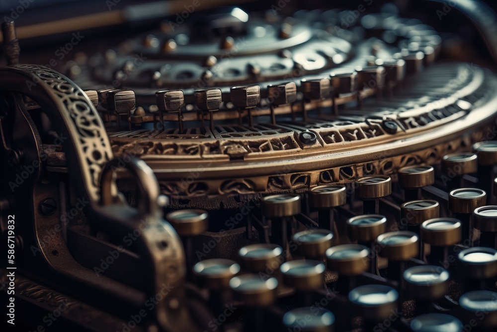Poster a close up of an old fashioned typewriter with many knobs and a metal chain on the front of the type