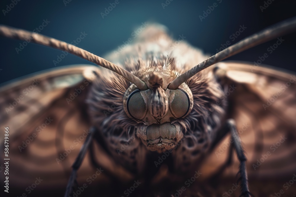 Poster a close up of a bug with long antennae and large antennae on it's head, with a dark background and a