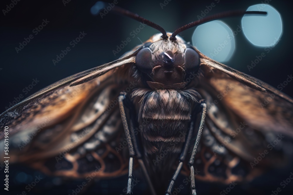 Poster a close up of a bug on a black background with a blurry light in the background and a blurry light i