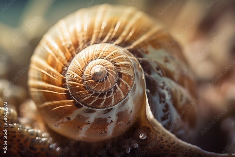 Poster a close up of a snail's shell with a blurry back dropper in the middle of the shell and a blurry bac