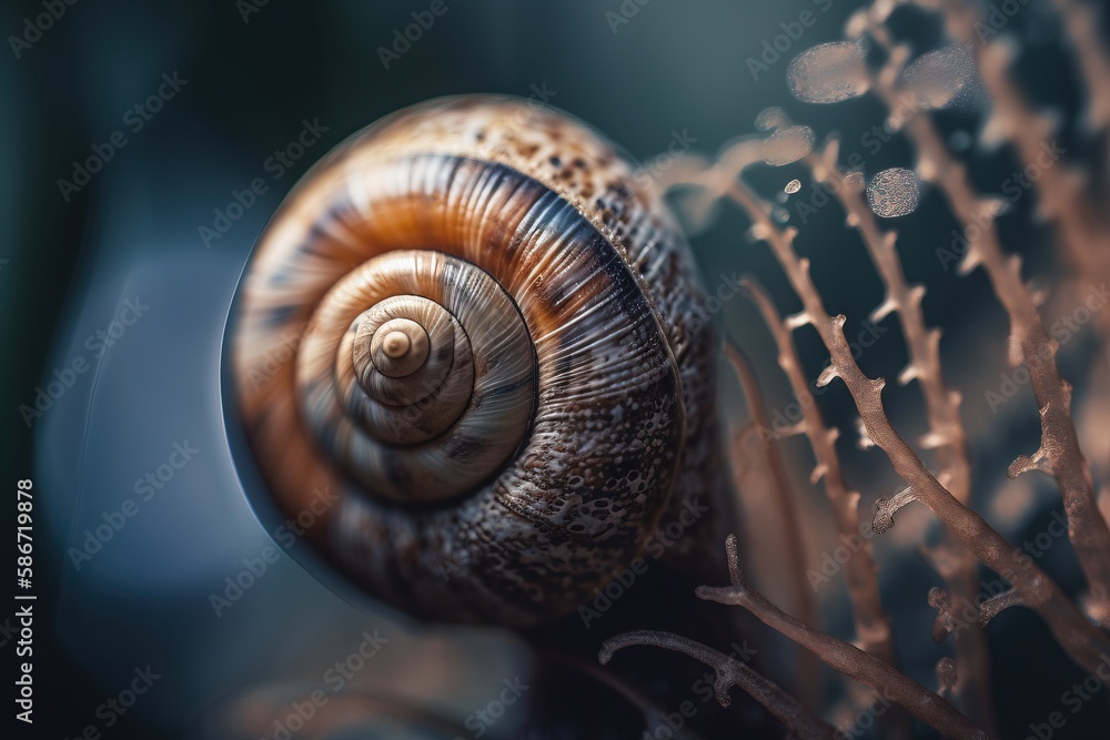 Poster a close up of a snail's shell on top of a tree branch with water droplets on it's back end and a blu