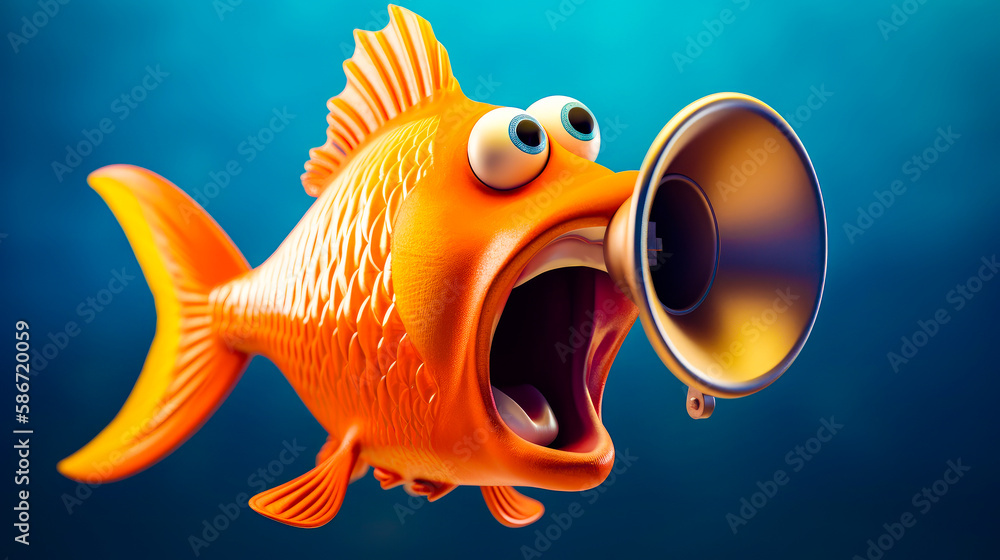 Poster goldfish with its mouth open and speaker in it's mouth. generative ai.