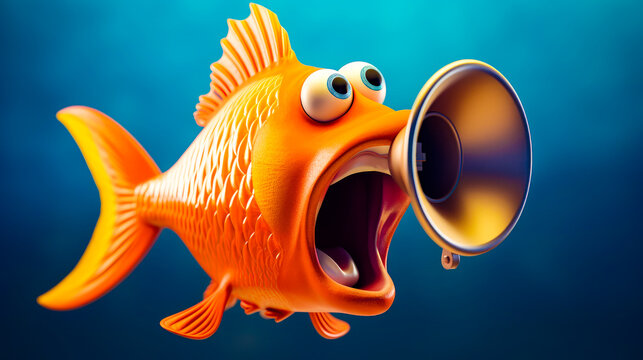 Goldfish with its mouth open and speaker in it's mouth. Generative AI.