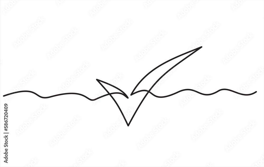 Poster continuous line drawing of check mark. tick one line icon.