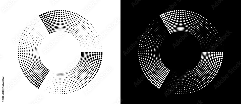 Poster white and black polka dots in a circle as a logo or abstract background. a rotating circle like a lo