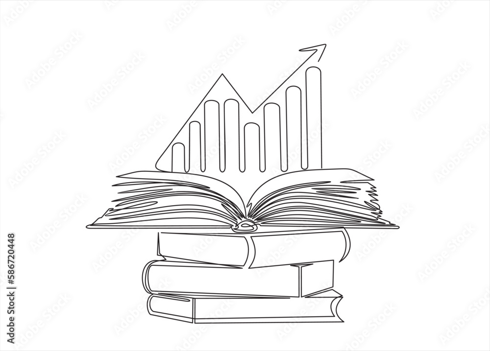 Poster continuous one single line drawing of business infographic with open book learning style