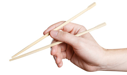 Hand holding chinese traditional chopsticks, cut out