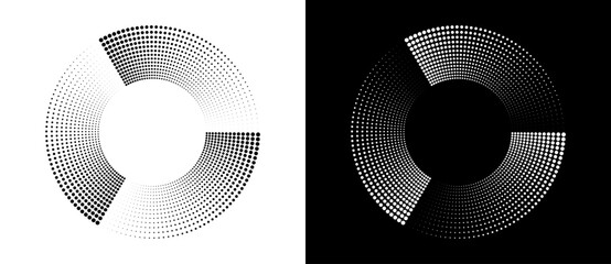 White and black polka dots in a circle as a logo or abstract background. A rotating circle like a loading sign with 3 parts.