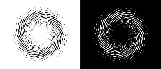 Modern abstract background. Halftone dots in circle form. Round logo. Vector dotted frame. Design element or icon. Black dots on a white background and white dots on the black side.