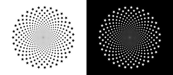 Modern abstract background. Halftone stars in circle form. Round logo. Vector dotted frame. Design element or icon. Black stars on a white background and white stars on the black side.