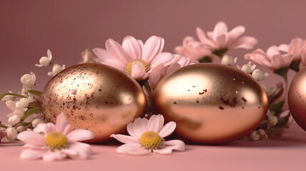 Obraz na płótnie Canvas golden Easter eggs and spring flowers on a peach background. Spring break concept with copy space. Top view
