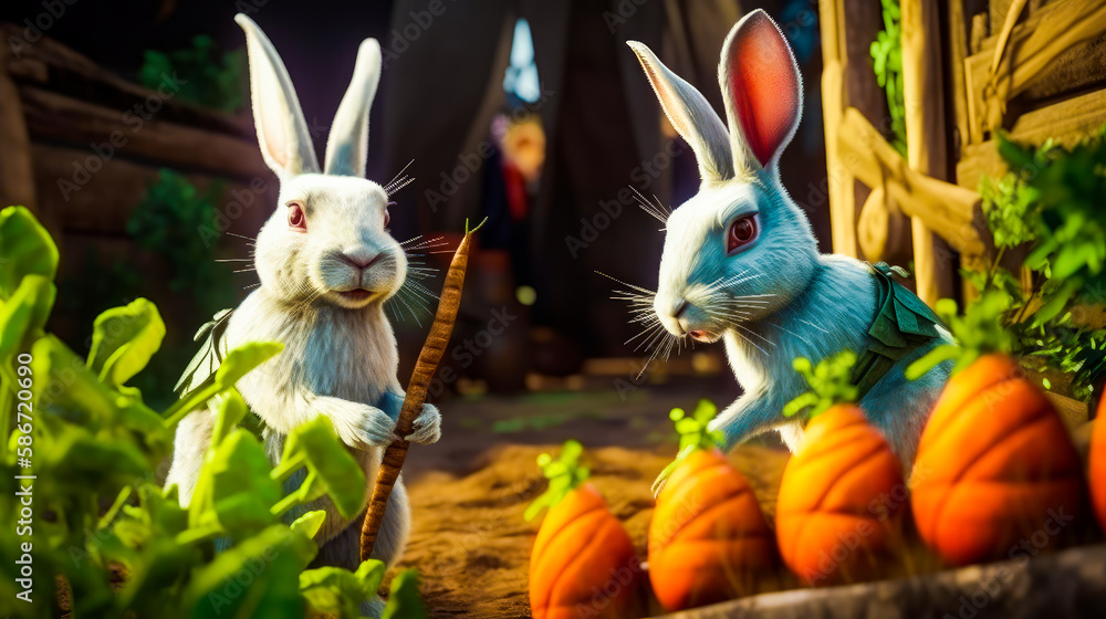 Poster couple of rabbits standing next to each other. generative ai.