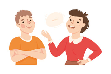 Fototapeta premium Man and Woman Talking Together Communicating and Discussing Something Vector Illustration