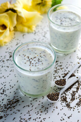yogurt with chia seeds on a white background