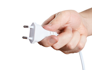 Hand holding white plug cut out