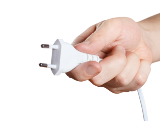 Hand holding white plug cut out