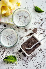 yogurt with chia seeds on a white background