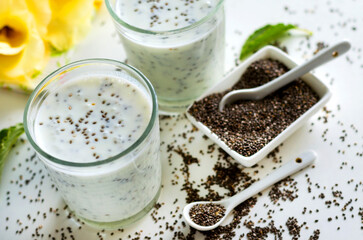 yogurt with chia seeds on a white background