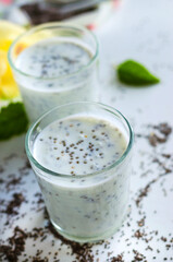 yogurt with chia seeds on a white background