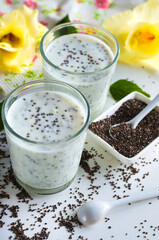 yogurt with chia seeds on a white background