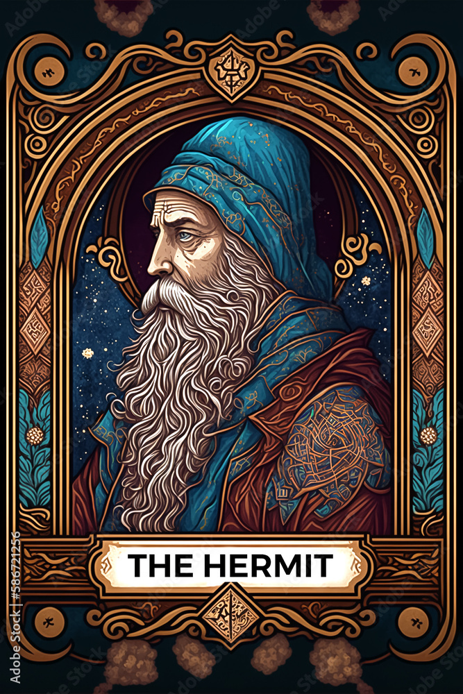 Wall mural Hermit. Mystical witchcraft Tarot card. Digital printable illustration. Generative AI