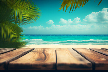 Wood table top on tropical beach with palm tree and blue sky background generative ai